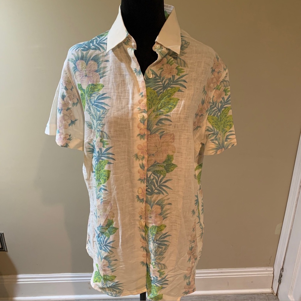 100% LINEN Moreno Martini De Firenze Womans L Floral Hawaiian Button Up Vacation